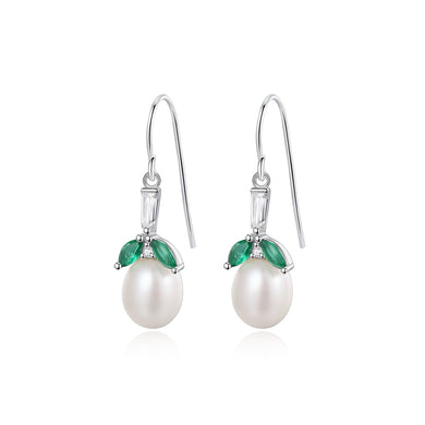 925 Sterling Silver Simple Elegant Geometric Imitation Pearl Earrings with Cubic Zirconia