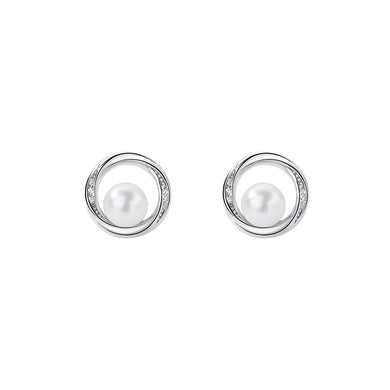 925 Sterling Silver Simple and Elegant Hollow Circle Geometric Imitation Pearl Stud Earrings with Cubic Zirconia
