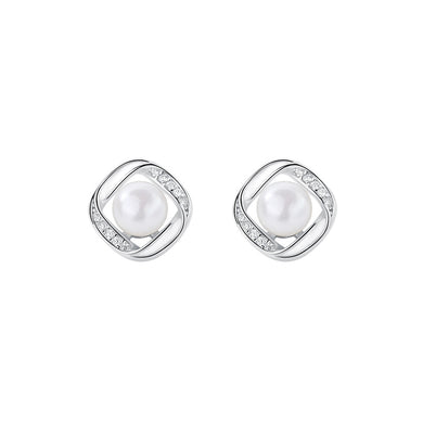 925 Sterling Silver Elegant Temperament Geometric Square Imitation Pearl Stud Earrings with Cubic Zirconia