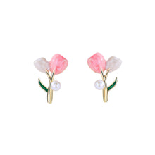 Load image into Gallery viewer, 925 Sterling Silver Plated Gold Simple and Fashion Enamel Tulip Imitation Pearl Stud Earrings