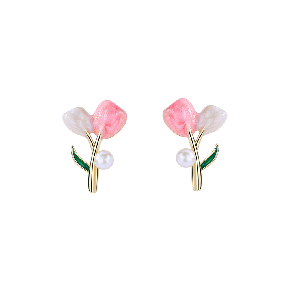 925 Sterling Silver Plated Gold Simple and Fashion Enamel Tulip Imitation Pearl Stud Earrings