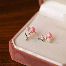 Load image into Gallery viewer, 925 Sterling Silver Plated Gold Simple and Fashion Enamel Tulip Imitation Pearl Stud Earrings