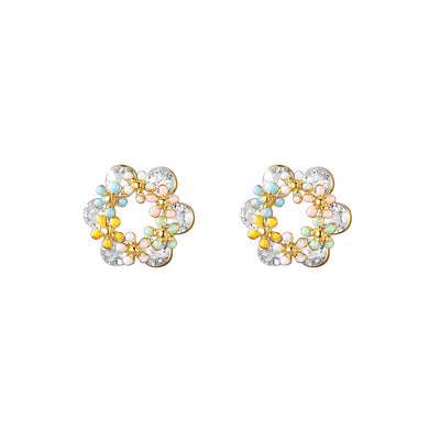 925 Sterling Silver Plated Gold Simple Cute Enamel Flower Stud Earrings with Cubic Zirconia