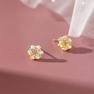 925 Sterling Silver Plated Gold Simple Cute Enamel Flower Stud Earrings with Cubic Zirconia