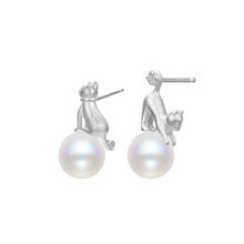Load image into Gallery viewer, 925 Sterling Silver Fashion Cute Brushed Cat Imitation Pearl Stud Earrings with Cubic Zirconia