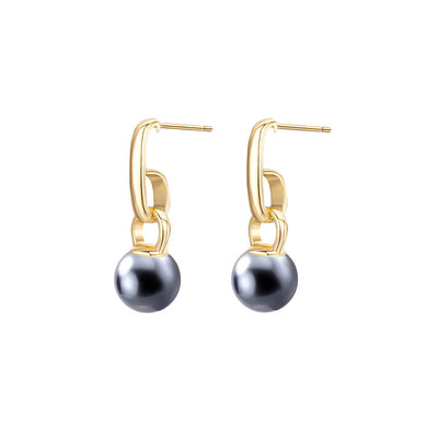 925 Sterling Silver Plated Gold Simple and Elegant Geometric Black Imitation Pearl Earrings