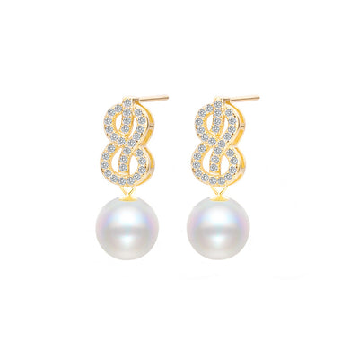 925 Sterling Silver Plated Gold Fashion Simple Number 8 Imitation Pearl Earrings with Cubic Zirconia