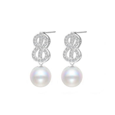 925 Sterling Silver Fashion Simple Number 8 Imitation Pearl Earrings with Cubic Zirconia