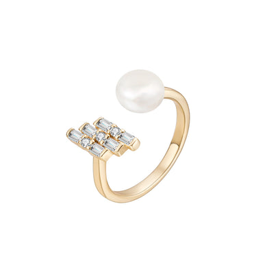 925 Sterling Silver Plated Gold Fashion Simple Geometric Freshwater Pearl Adjustable Open Ring with Cubic Zirconia