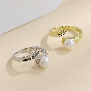 925 Sterling Silver Plated Gold Fashion Simple Frosted Geometric Freshwater Pearl Adjustable Open Ring
