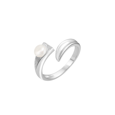925 Sterling Silver Fashion Simple Frosted Geometric Freshwater Pearl Adjustable Open Ring