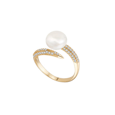 925 Sterling Silver Plated Gold Fashion Brilliant Geometric Freshwater Pearl Adjustable Open Ring with Cubic Zirconia