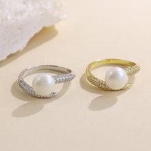 Load image into Gallery viewer, 925 Sterling Silver Plated Gold Fashion Brilliant Geometric Freshwater Pearl Adjustable Open Ring with Cubic Zirconia