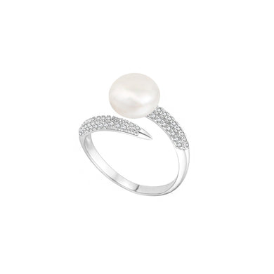 925 Sterling Silver Fashion Brilliant Geometric Freshwater Pearl Adjustable Open Ring with Cubic Zirconia