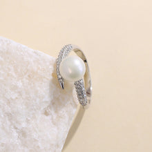 Load image into Gallery viewer, 925 Sterling Silver Fashion Brilliant Geometric Freshwater Pearl Adjustable Open Ring with Cubic Zirconia