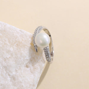 925 Sterling Silver Fashion Brilliant Geometric Freshwater Pearl Adjustable Open Ring with Cubic Zirconia