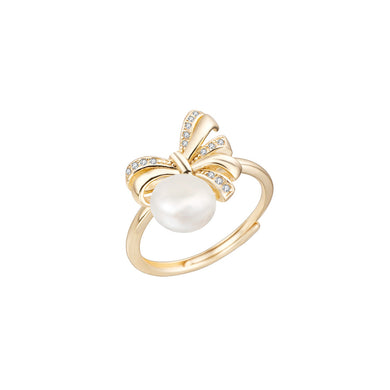 925 Sterling Silver Plated Gold Fashion Sweet Ribbon Freshwater Pearl Adjustable Ring with Cubic Zirconia