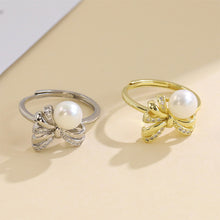 Load image into Gallery viewer, 925 Sterling Silver Plated Gold Fashion Sweet Ribbon Freshwater Pearl Adjustable Ring with Cubic Zirconia