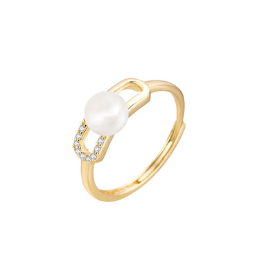 925 Sterling Silver Plated Gold Simple and Fashion Hollow Geometric Freshwater Pearl Adjustable Ring with Cubic Zirconia