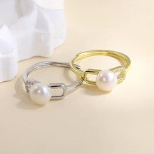 Load image into Gallery viewer, 925 Sterling Silver Plated Gold Simple and Fashion Hollow Geometric Freshwater Pearl Adjustable Ring with Cubic Zirconia