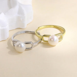 925 Sterling Silver Plated Gold Simple and Fashion Hollow Geometric Freshwater Pearl Adjustable Ring with Cubic Zirconia