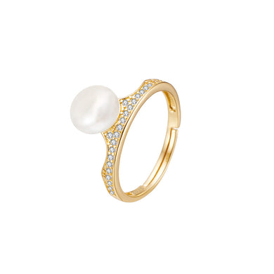 925 Sterling Silver Plated Gold Fashion Elegant Crown Freshwater Pearl Adjustable Ring with Cubic Zirconia