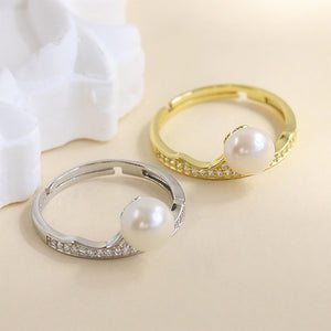925 Sterling Silver Plated Gold Fashion Elegant Crown Freshwater Pearl Adjustable Ring with Cubic Zirconia