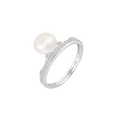 925 Sterling Silver Fashion Elegant Crown Freshwater Pearl Adjustable Ring with Cubic Zirconia