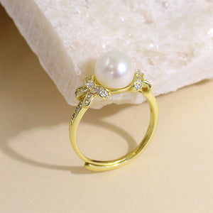 925 Sterling Silver Plated Gold Fashion Simple Ribbon Freshwater Pearl Adjustable Ring with Cubic Zirconia