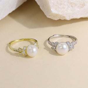 925 Sterling Silver Fashion Simple Ribbon Freshwater Pearl Adjustable Ring with Cubic Zirconia