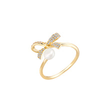 Load image into Gallery viewer, 925 Sterling Silver Plated Gold Simple Sweet Ribbon Freshwater Pearl Adjustable Open Ring with Cubic Zirconia