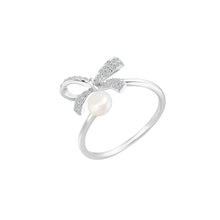 Load image into Gallery viewer, 925 Sterling Silver Simple Sweet Ribbon Freshwater Pearl Adjustable Open Ring with Cubic Zirconia