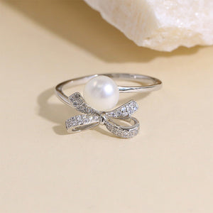 925 Sterling Silver Simple Sweet Ribbon Freshwater Pearl Adjustable Open Ring with Cubic Zirconia