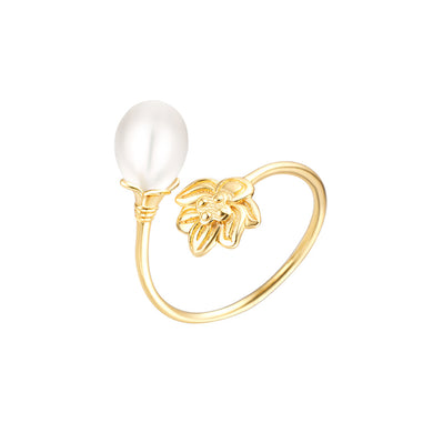 925 Sterling Silver Plated Gold Fashion Vintage Lotus Freshwater Pearl Adjustable Open Ring