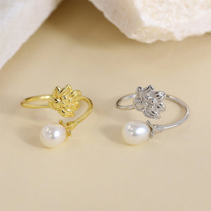 925 Sterling Silver Plated Gold Fashion Vintage Lotus Freshwater Pearl Adjustable Open Ring