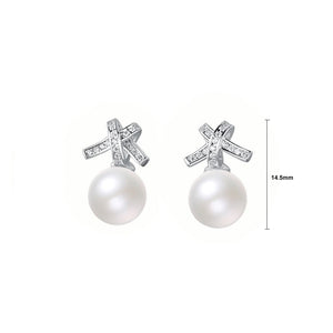 925 Sterling Silver Simple Temperament Ribbon Imitation Pearl Stud Earrings with Cubic Zirconia