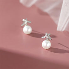 Load image into Gallery viewer, 925 Sterling Silver Simple Temperament Ribbon Imitation Pearl Stud Earrings with Cubic Zirconia