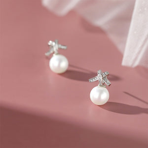925 Sterling Silver Simple Temperament Ribbon Imitation Pearl Stud Earrings with Cubic Zirconia