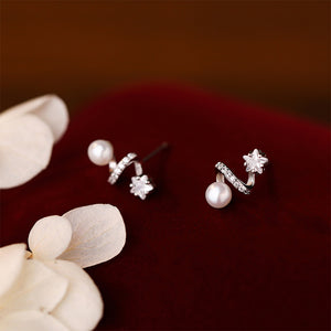 925 Sterling Silver Fashion and Creative Wavy Line Imitation Pearl Stud Earrings with Cubic Zirconia