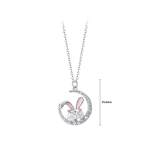 925 Sterling Silver Cute and Sweet Rabbit Moon Pendant with Cubic Zirconia and Necklace