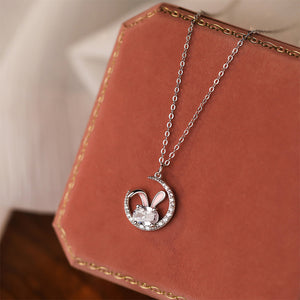 925 Sterling Silver Cute and Sweet Rabbit Moon Pendant with Cubic Zirconia and Necklace