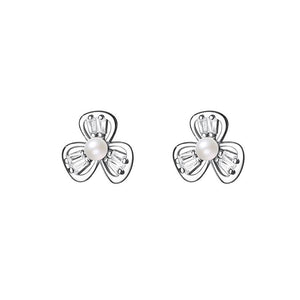 925 Sterling Silver Simple Cute Flower Imitation Pearl Stud Earrings with Cubic Zirconia