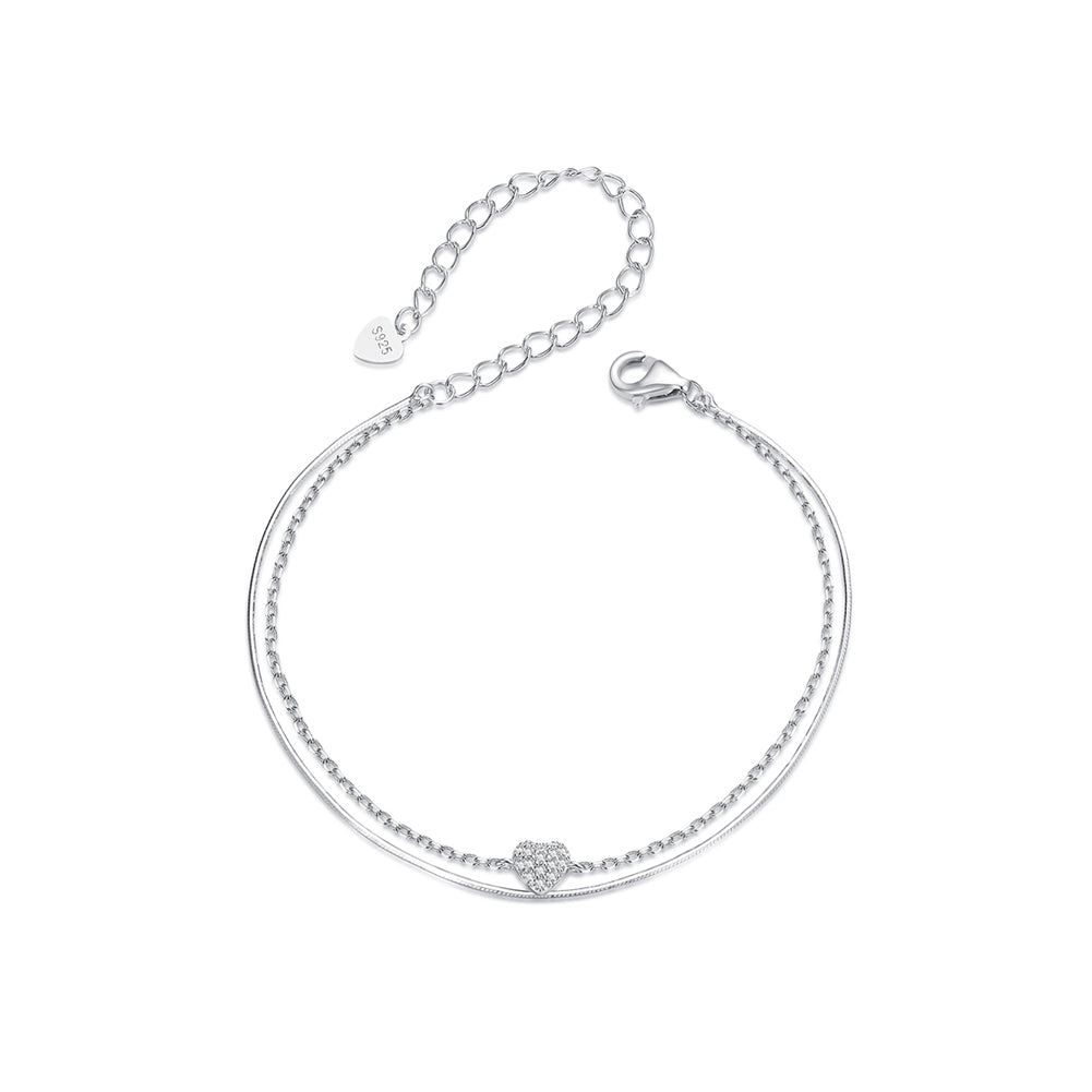 925 Sterling Silver Simple Sweet Heart Double Layer Bracelet with Cubic Zirconia