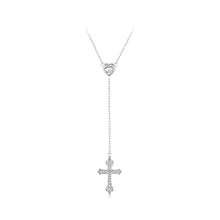 Load image into Gallery viewer, 925 Sterling Silver Fashion Simple Heart-shaped Tassel Cross Pendant with Cubic Zirconia and Necklace
