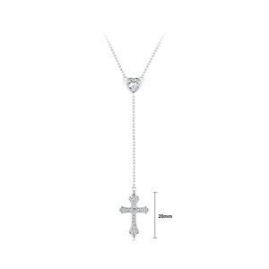 925 Sterling Silver Fashion Simple Heart-shaped Tassel Cross Pendant with Cubic Zirconia and Necklace
