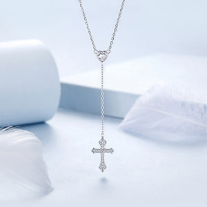 925 Sterling Silver Fashion Simple Heart-shaped Tassel Cross Pendant with Cubic Zirconia and Necklace