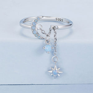 925 Sterling Silver Fashion Temperament Moon Tassel Star Adjustable Open Ring with Cubic Zirconia