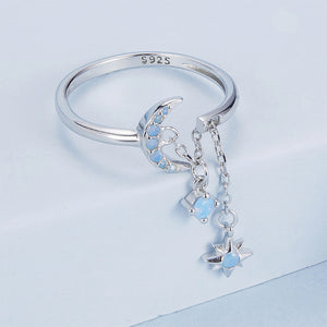 925 Sterling Silver Fashion Temperament Moon Tassel Star Adjustable Open Ring with Cubic Zirconia