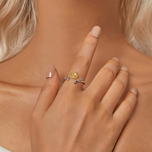 925 Sterling Silver Fashion Temperament Golden Sunflower Adjustable Open Ring with Cubic Zirconia