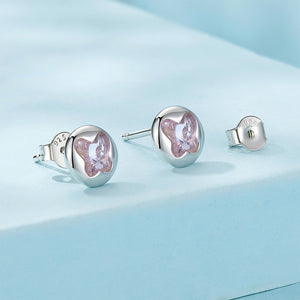 925 Sterling Silver Simple Sweet Butterfly Geometric Round Stud Earrings with Cubic Zirconia